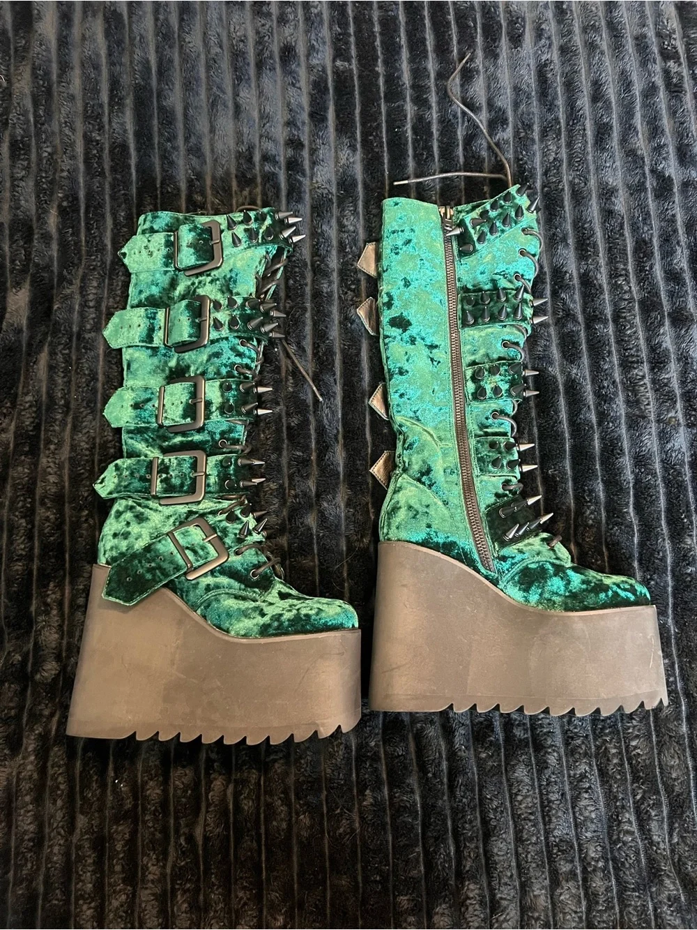Dolls Kill Green Velvet Platform Knee-High Boots with Spikes